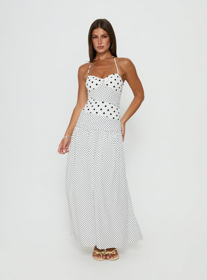 Marguerite Halter Maxi Dress White Polka Dot