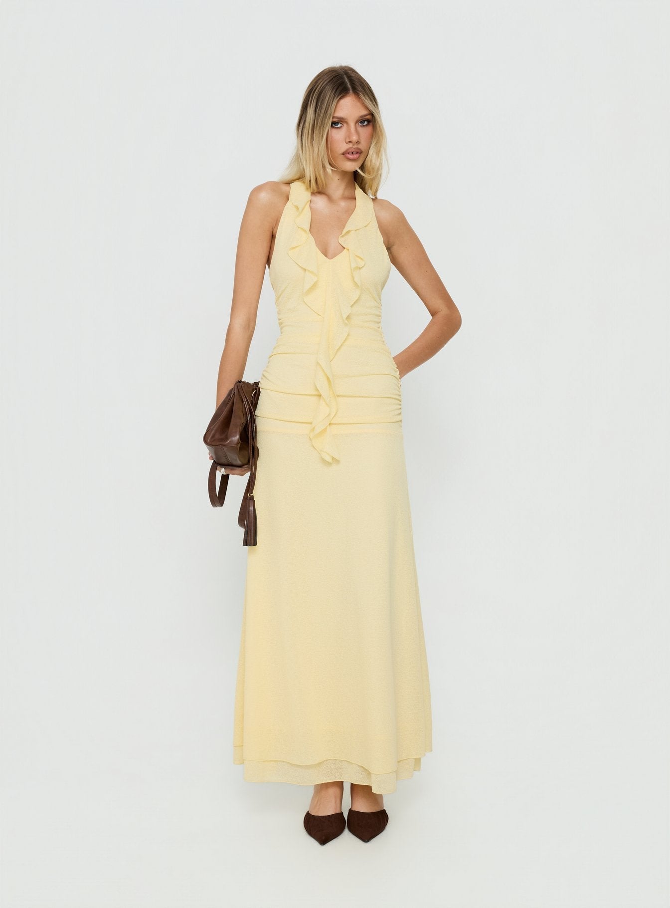 Leyda Plunge Frill Maxi Dress Yellow