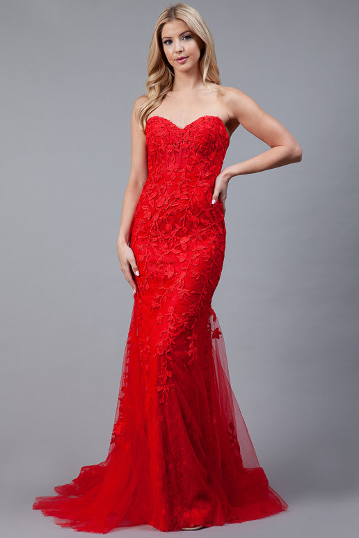 Rainn Gown Strapless Floral Lace Corset Dress