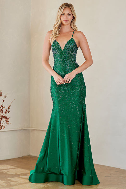 Novalee Gown Emerald Hot Stone Dress With Lace Up Back