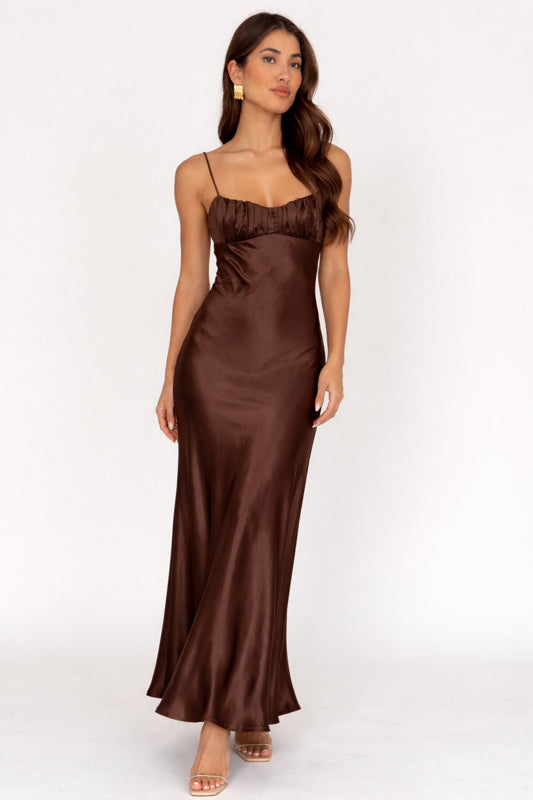 Paula Maxi Dress Chocolate Satin Slip Dress