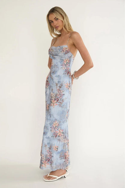 Joy Maxi Dress Blue Floral Mesh Maxi Dress