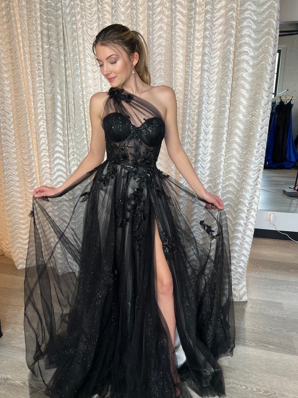 A1053 Leila One Shoulder A- Tulle Gown Andrea & Leo