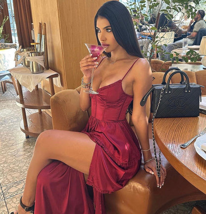 Maeve Corset Midi Dress Burgundy Satin