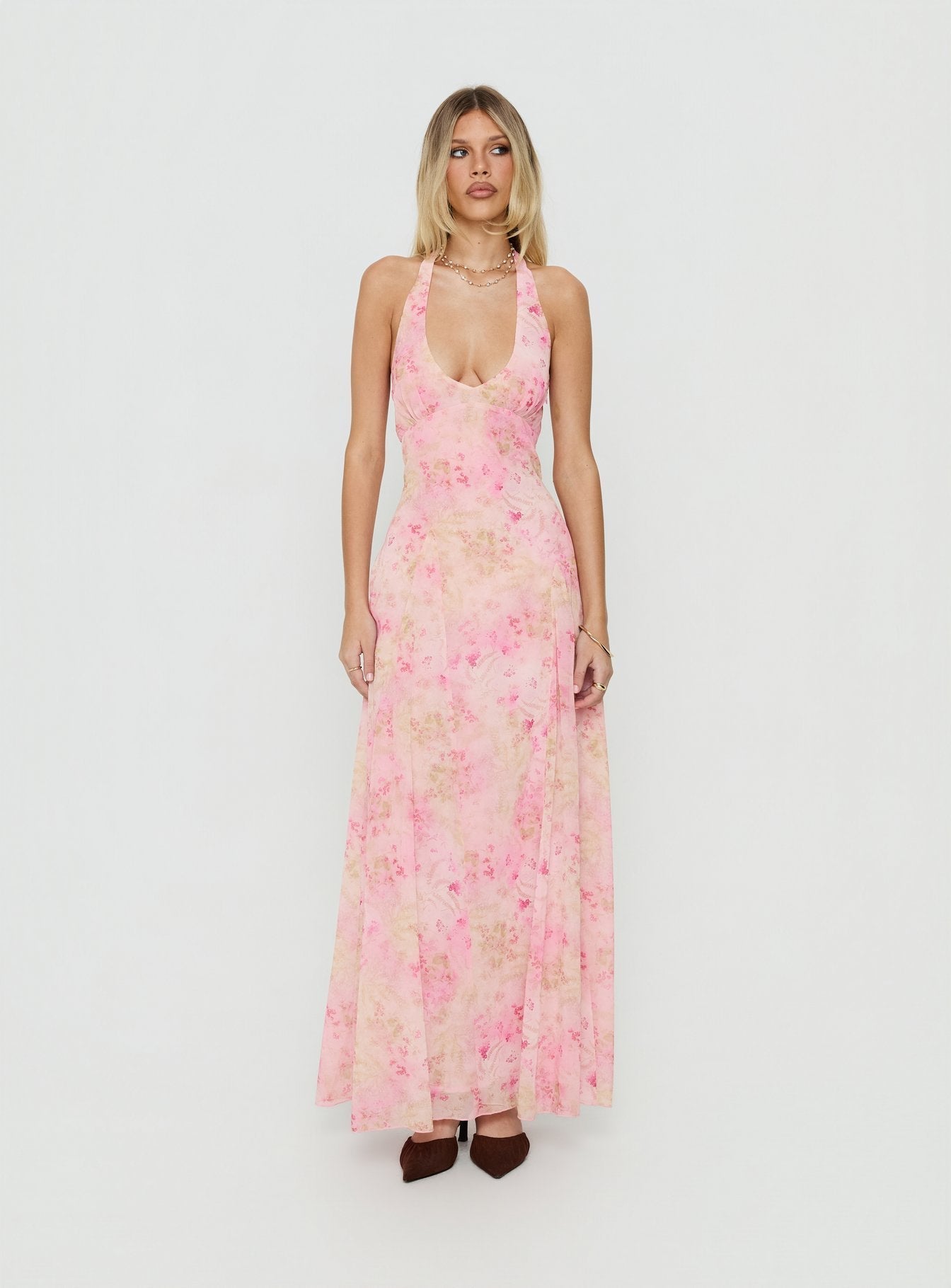 Dandelions Halter Maxi Dress Pink Floral
