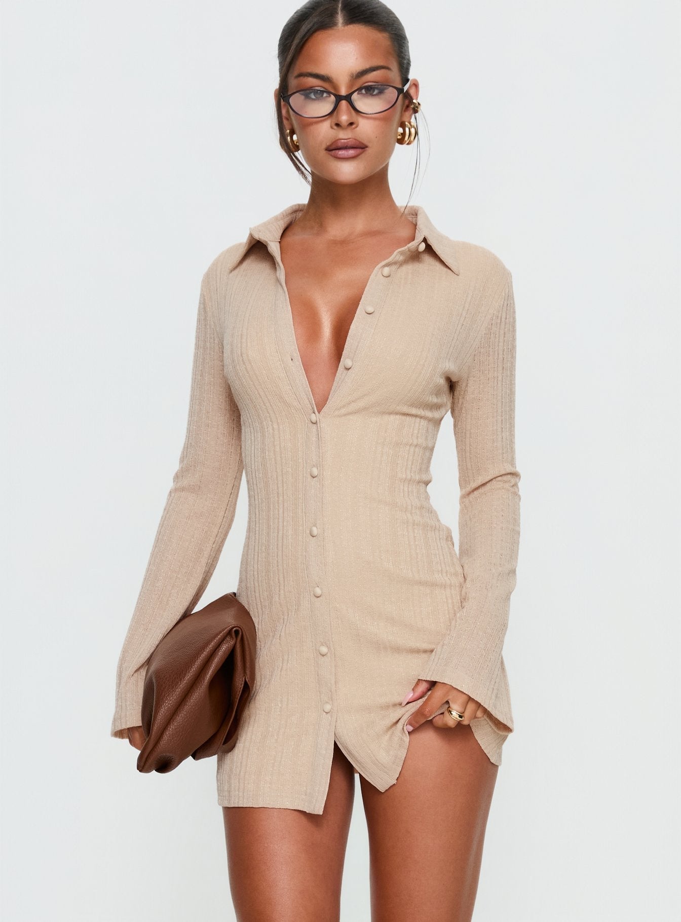 When You Sleep Long Sleeve Mini Dress Beige