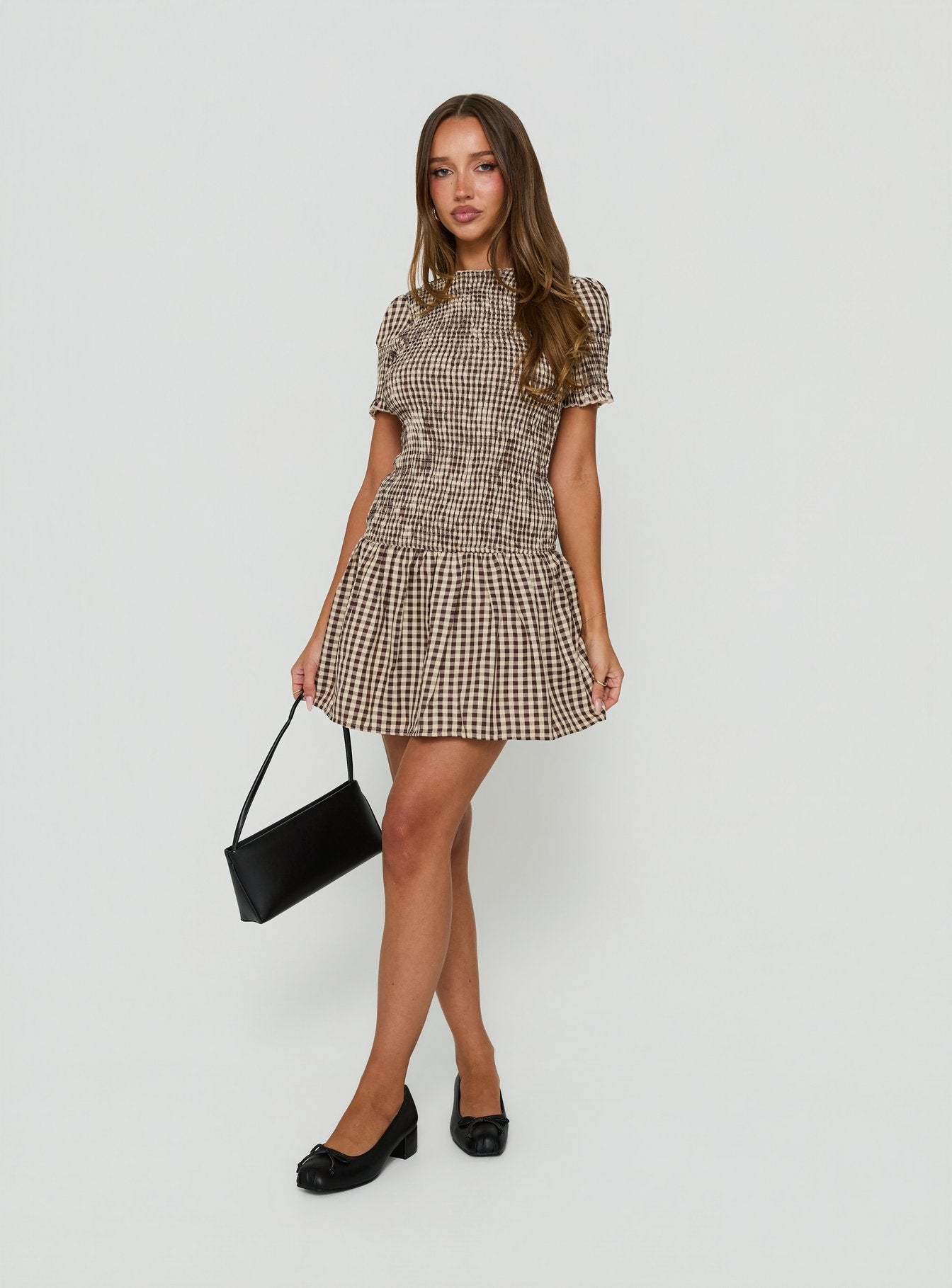 Laurita Shirred Mini Dress Brown Check