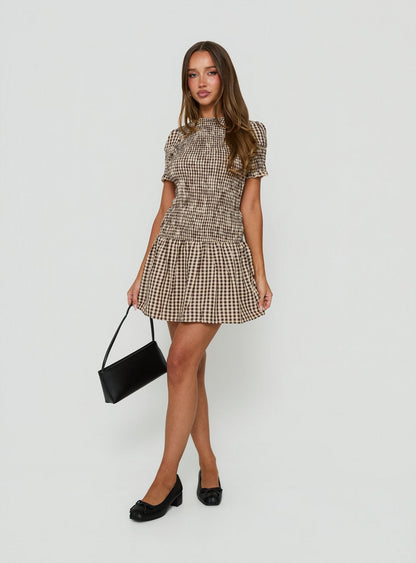 Laurita Shirred Mini Dress Brown Check
