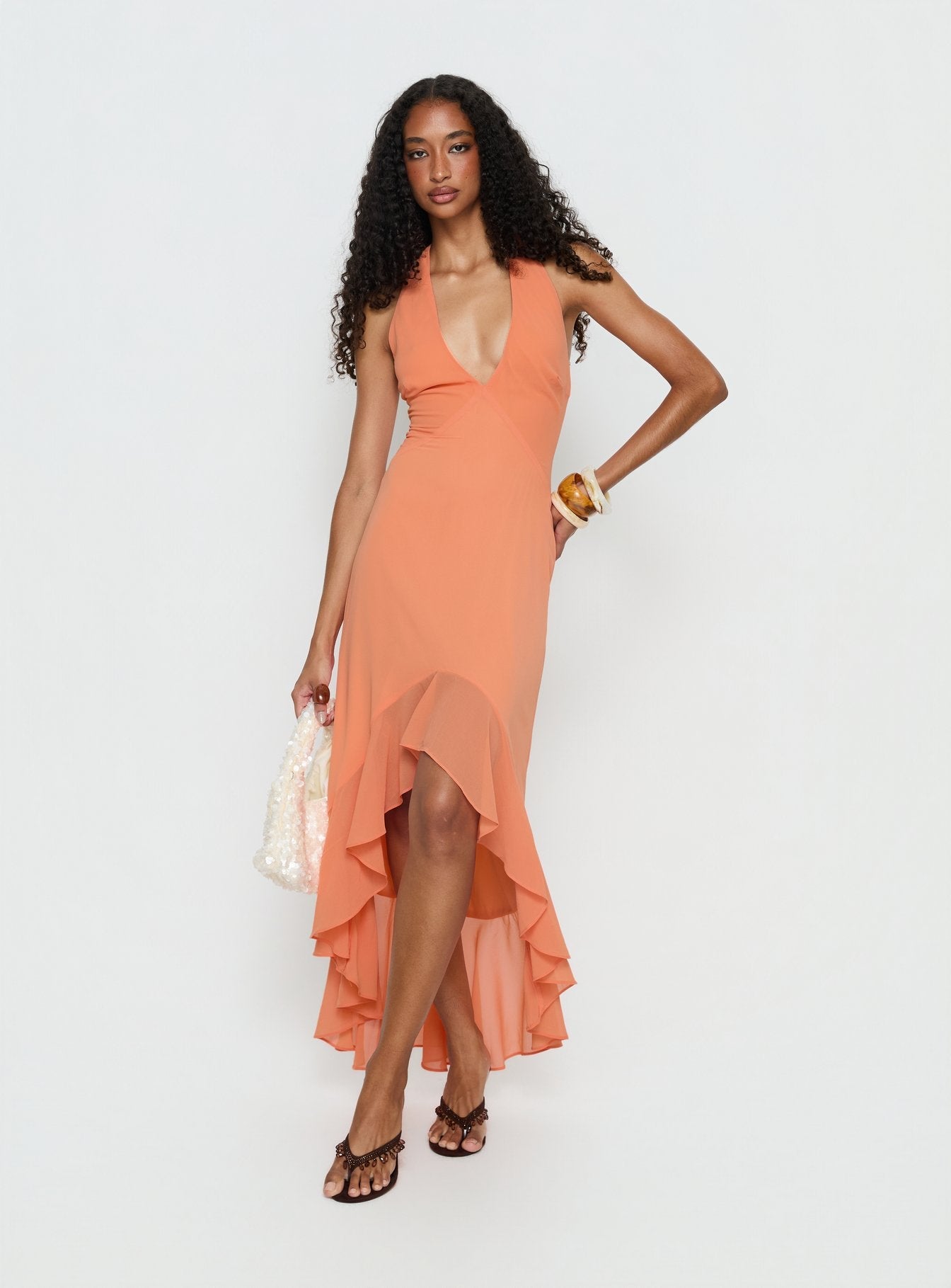 Agata Halter Frill Maxi Dress Orange