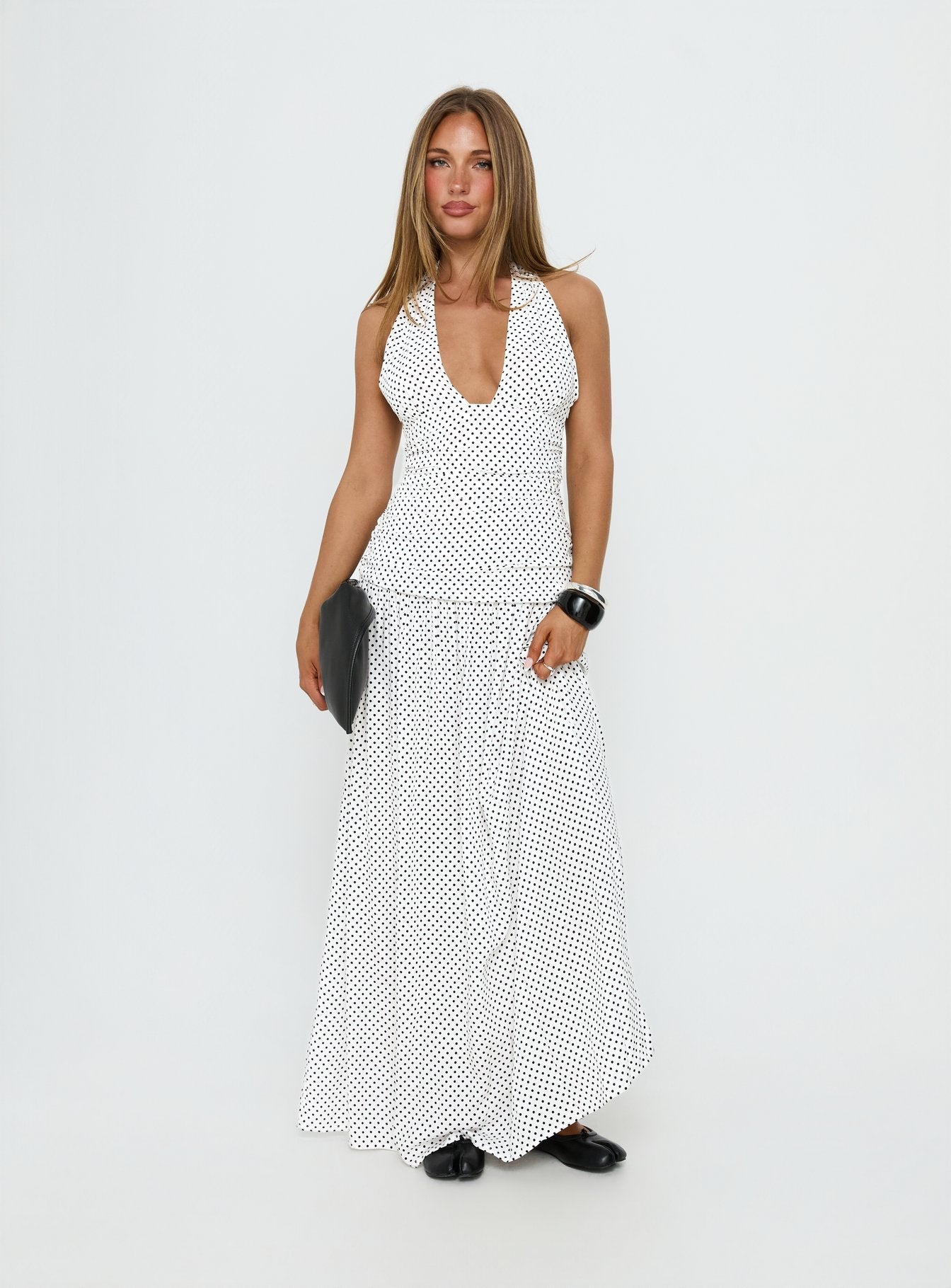 Millen Gathered Waist Halter Maxi Dress White Polka Dot
