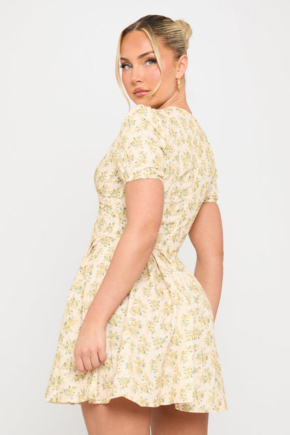 Yellow Floral Print Pleated Milkmaid Mini Dress
