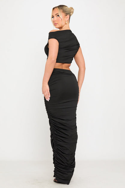 Black Ruched One Shoulder Cut Out Maxi Dress