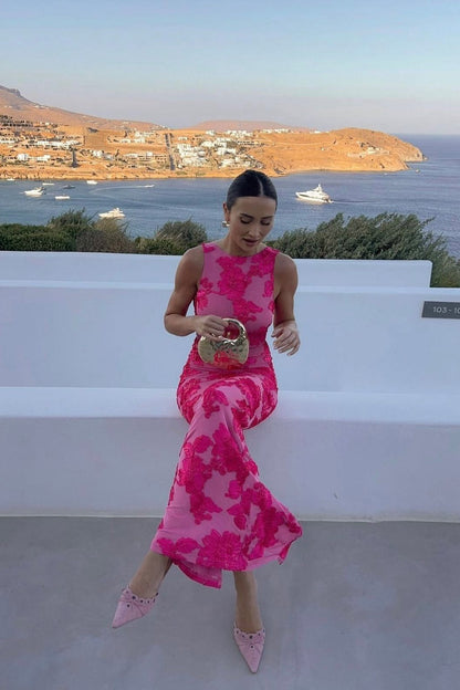 Pink Floral Embroidered Sleeveless Maxi Dress