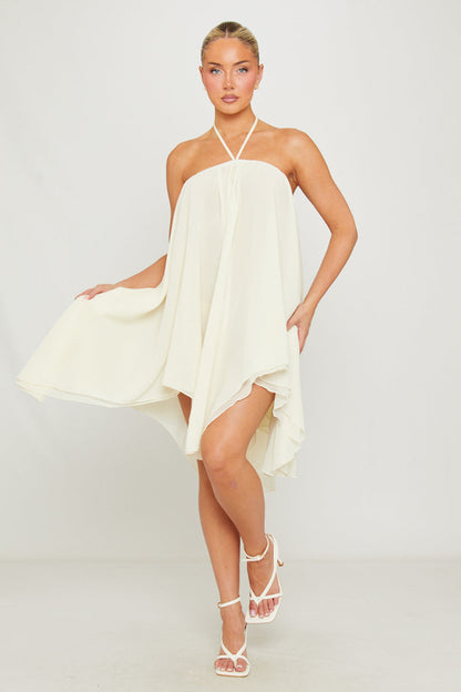 Cream Chiffon Halter Asymmetric Mini Dress