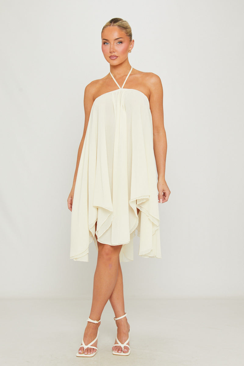 Cream Chiffon Halter Asymmetric Mini Dress