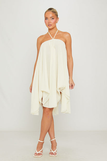 Cream Chiffon Halter Asymmetric Mini Dress