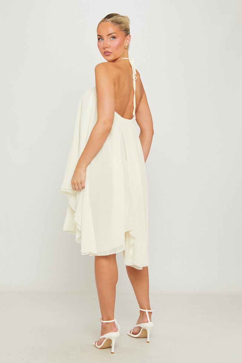 Cream Chiffon Halter Asymmetric Mini Dress