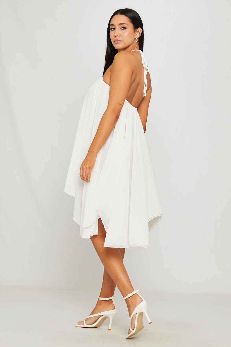 White Chiffon Halter Asymmetric Mini Dress