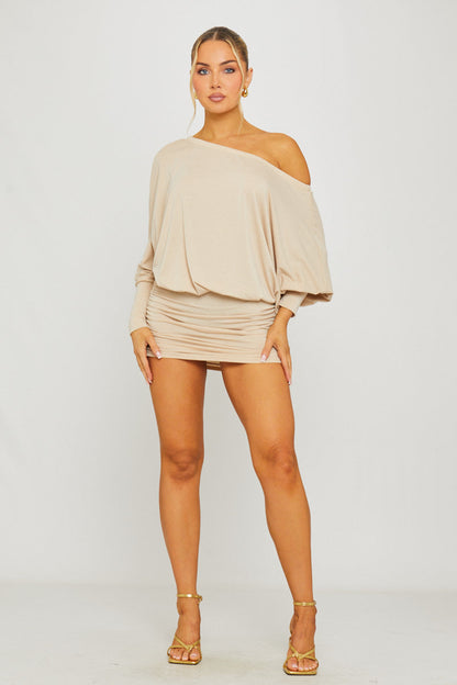 Stone Off Shoulder Ruched Batwing Mini Dress
