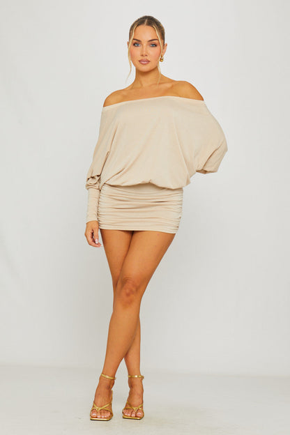 Stone Off Shoulder Ruched Batwing Mini Dress