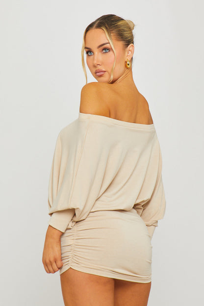 Stone Off Shoulder Ruched Batwing Mini Dress