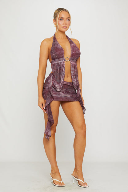 Purple Halter Neck Cut Out Open Back Mini Dress