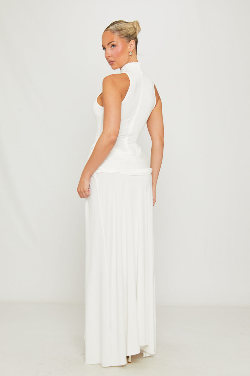 White High Neck Draped Thigh Split Maxi Dress