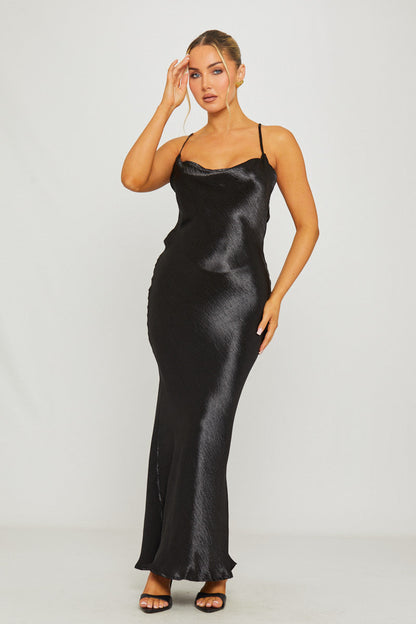 Black Satin Cowl Neck Slip Maxi Dress
