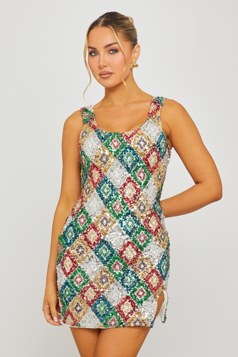 Green/red Sequin Diamond Detail Square Neck Mini Dress