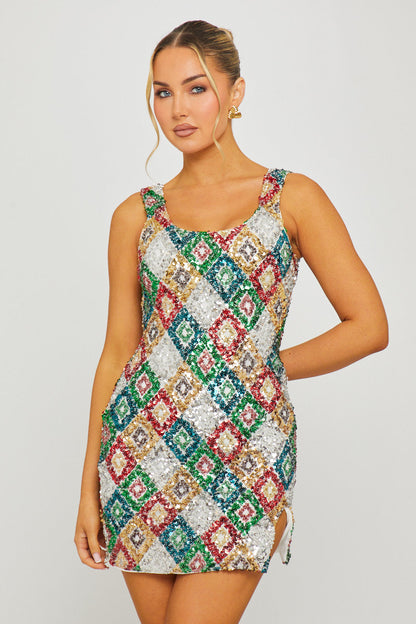 Green/red Sequin Diamond Detail Square Neck Mini Dress