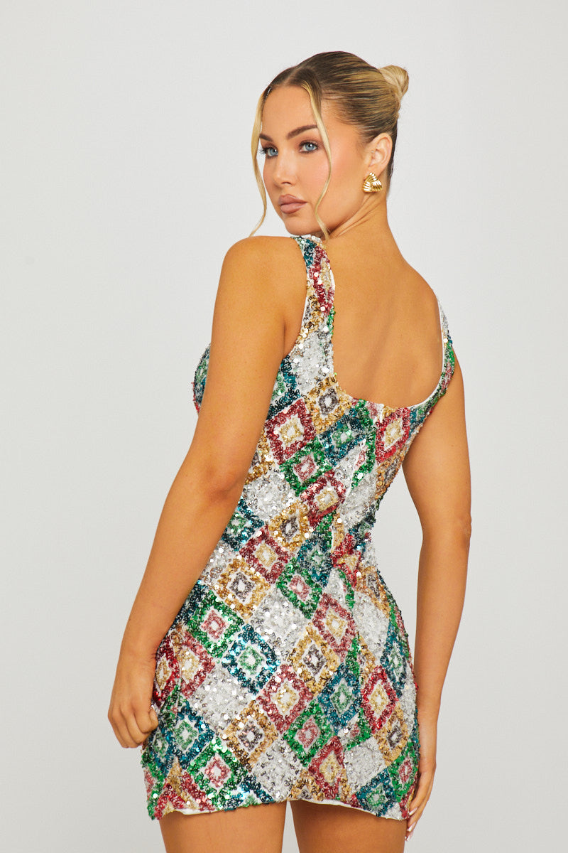 Green/red Sequin Diamond Detail Square Neck Mini Dress