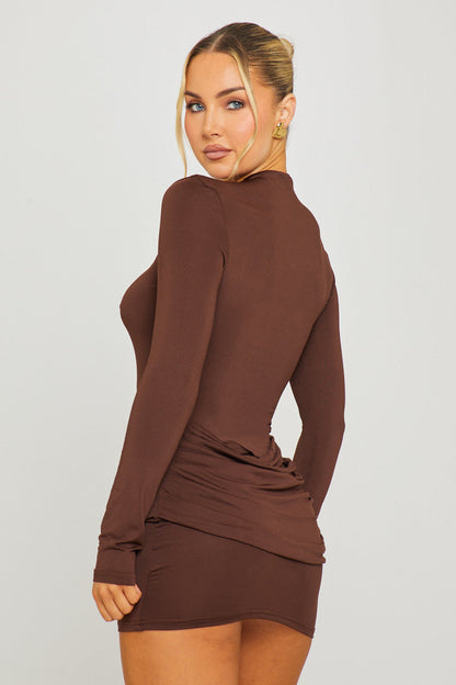 Brown Long Sleeve Drape Waist Bodycon Mini Dress