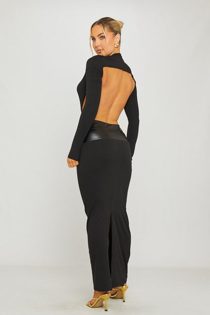 Black Plunge Neck Leather Waist Detail Maxi Dress