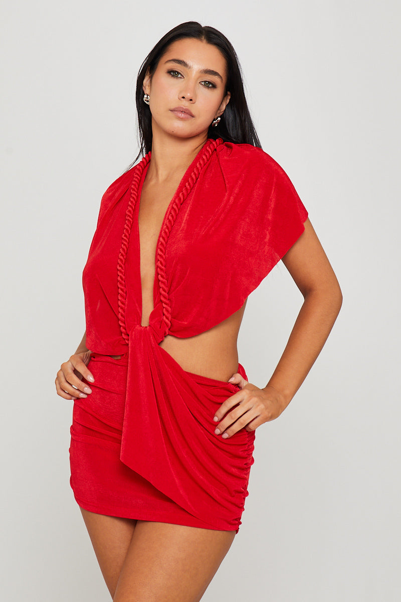 Red Halter Neck Braided Open Back Mini Dress