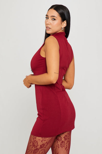 Wine High Neck Keyhole Detail Sleeveless Mini Dress