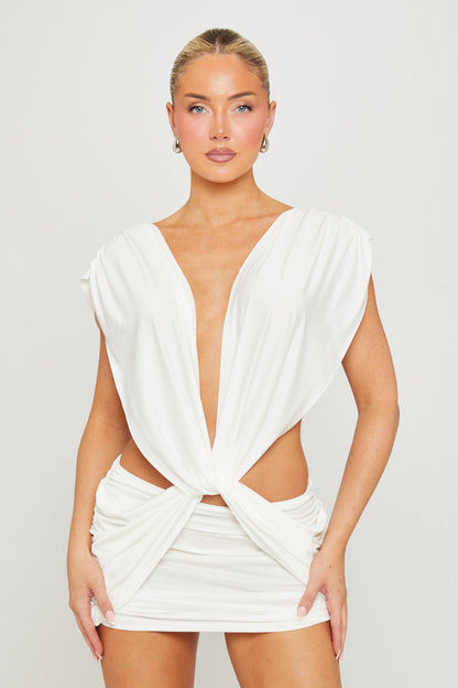 White Deep-V Knotted Ruched Bodycon Mini Dress