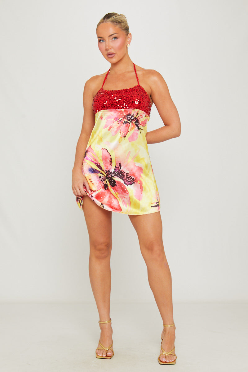Yellow Floral Watercolor Sequin Halter Mini Dress