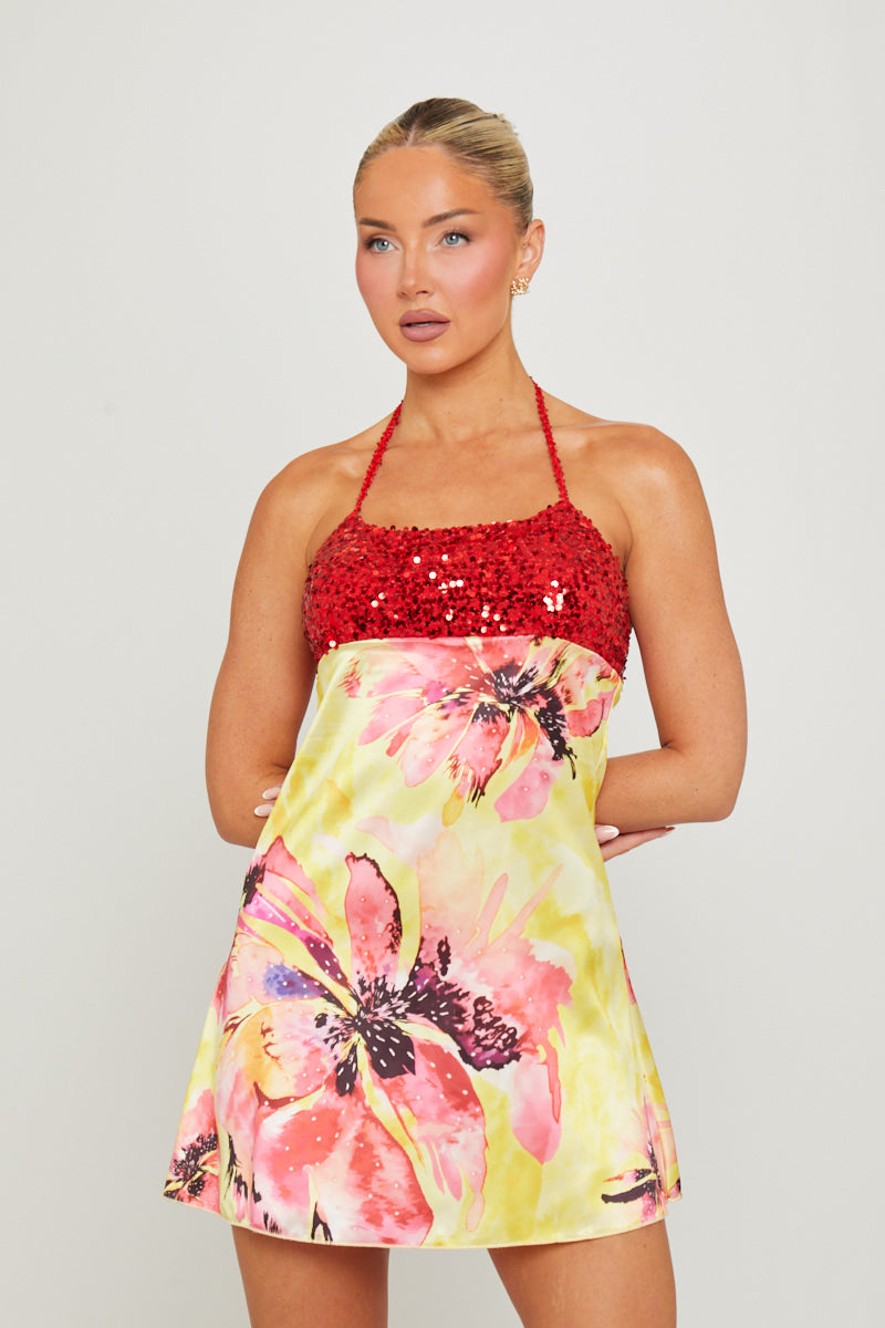 Yellow Floral Watercolor Sequin Halter Mini Dress