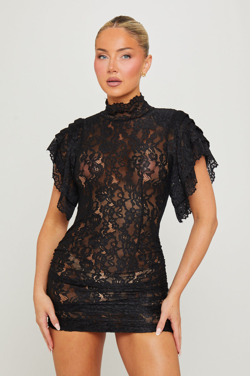 Black Sheer Lace Ruched Bodycon Mini Dress