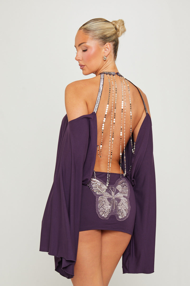 Purple Embellished Butterfly Bodycon Mini Dress