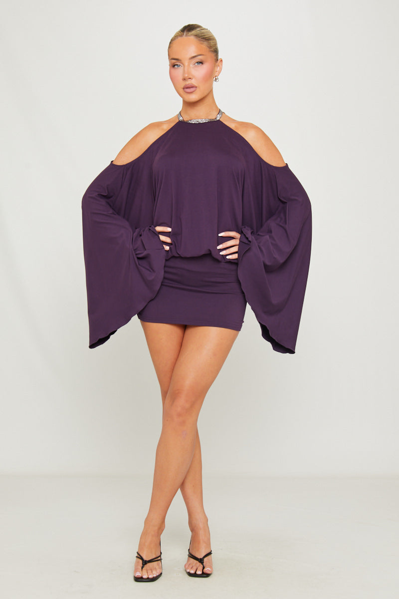 Purple Embellished Butterfly Bodycon Mini Dress