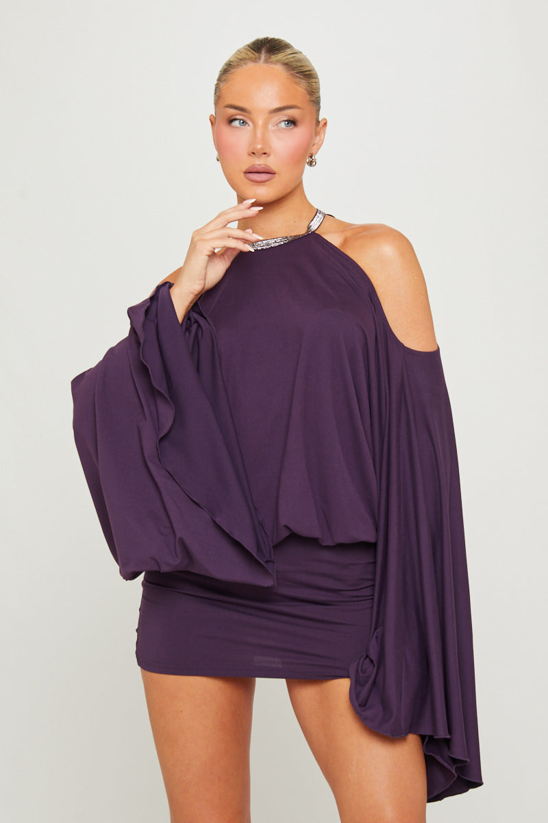 Purple Embellished Butterfly Bodycon Mini Dress