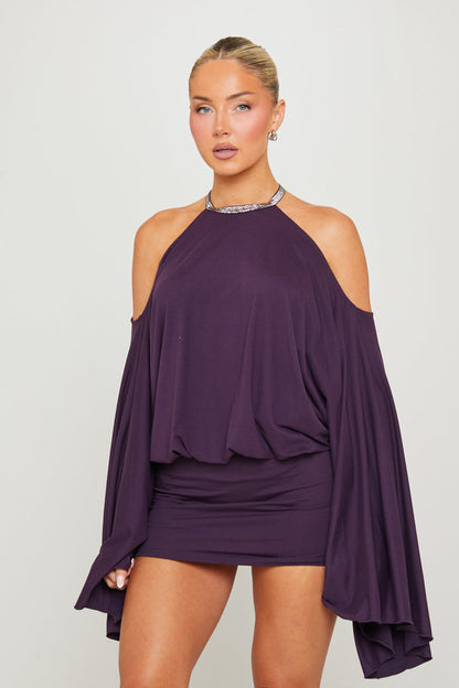 Purple Embellished Butterfly Bodycon Mini Dress
