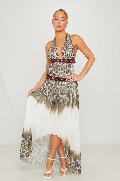 Leopard Print Halter Neck Cut Out Maxi Dress