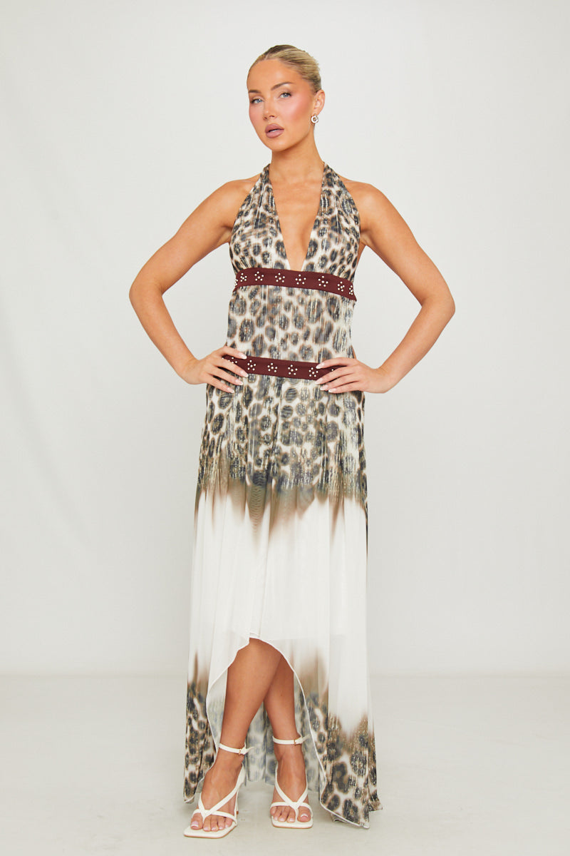 Leopard Print Halter Neck Cut Out Maxi Dress