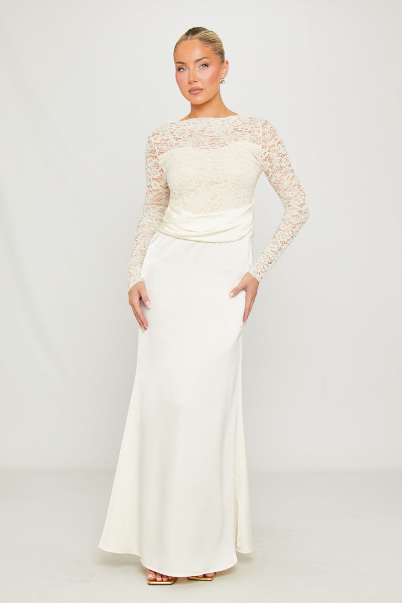 White Lace Satin Cowl Bodycon Maxi Dress