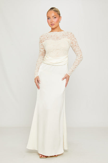 White Lace Satin Cowl Bodycon Maxi Dress