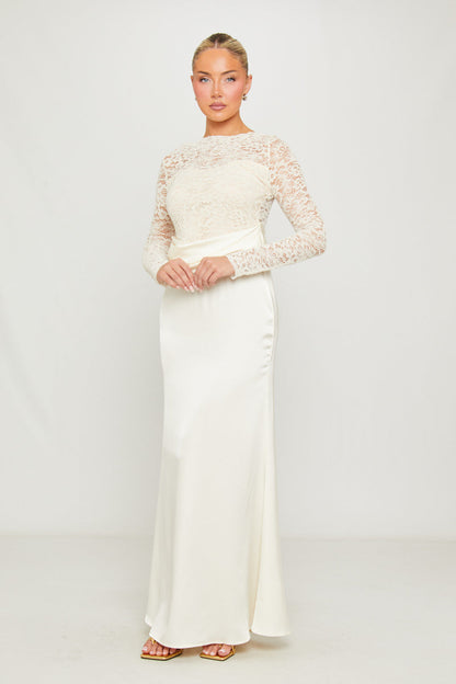 White Lace Satin Cowl Bodycon Maxi Dress