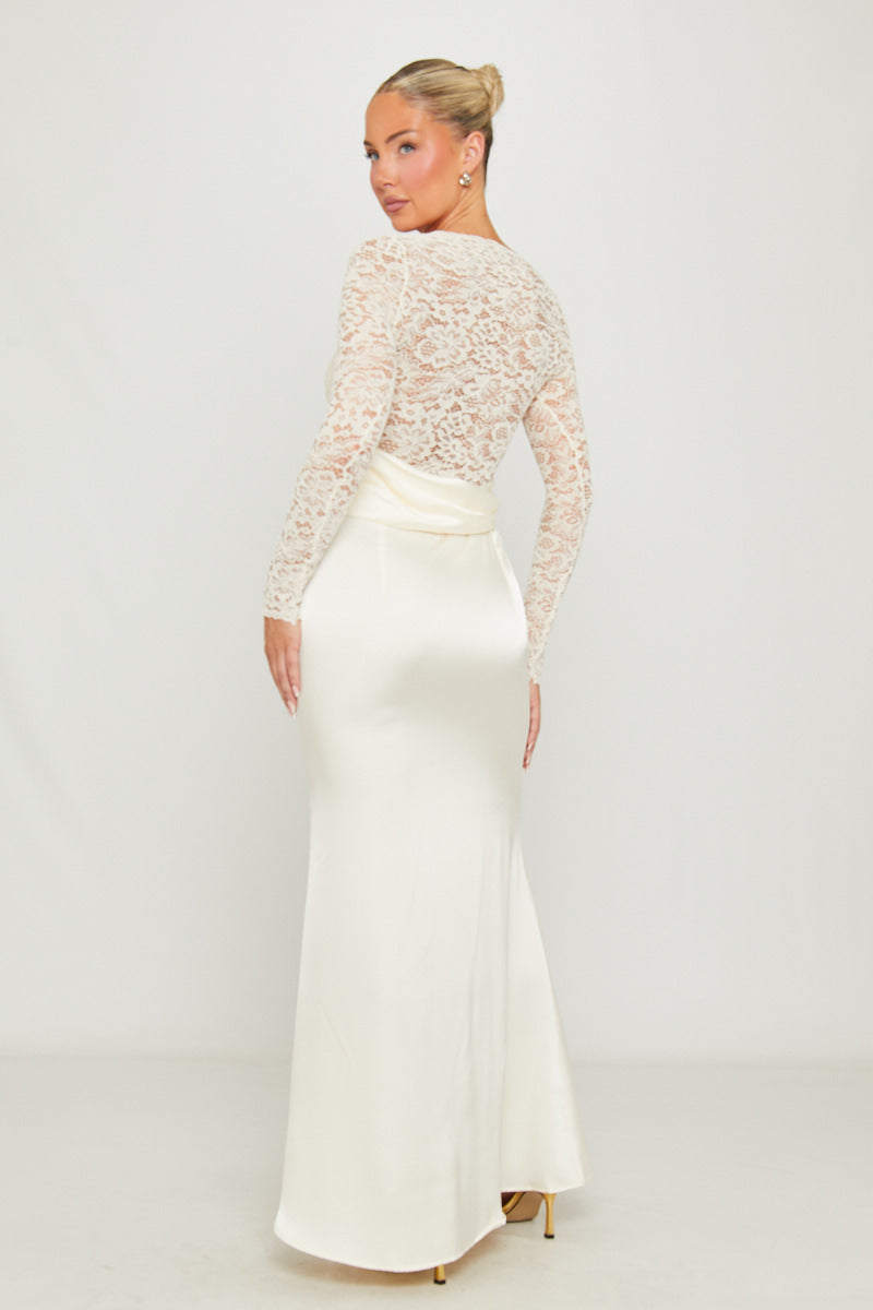 White Lace Satin Cowl Bodycon Maxi Dress