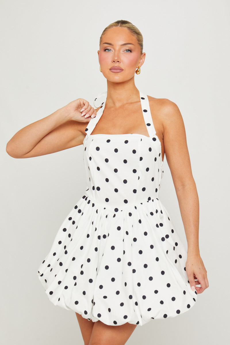 White Polka Dot Puffball Halter Mini Dress